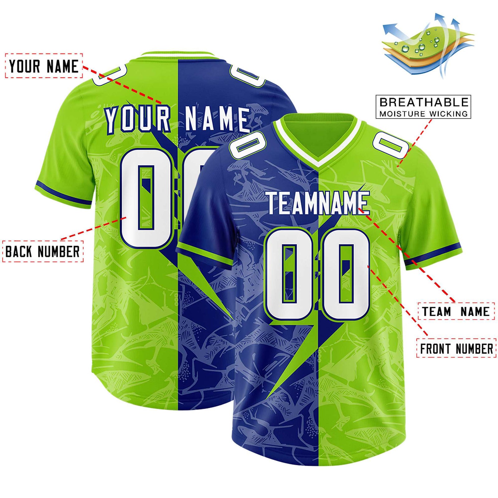Custom Royal Neon Green Split Personalized Lightning Pattern Football Jersey
