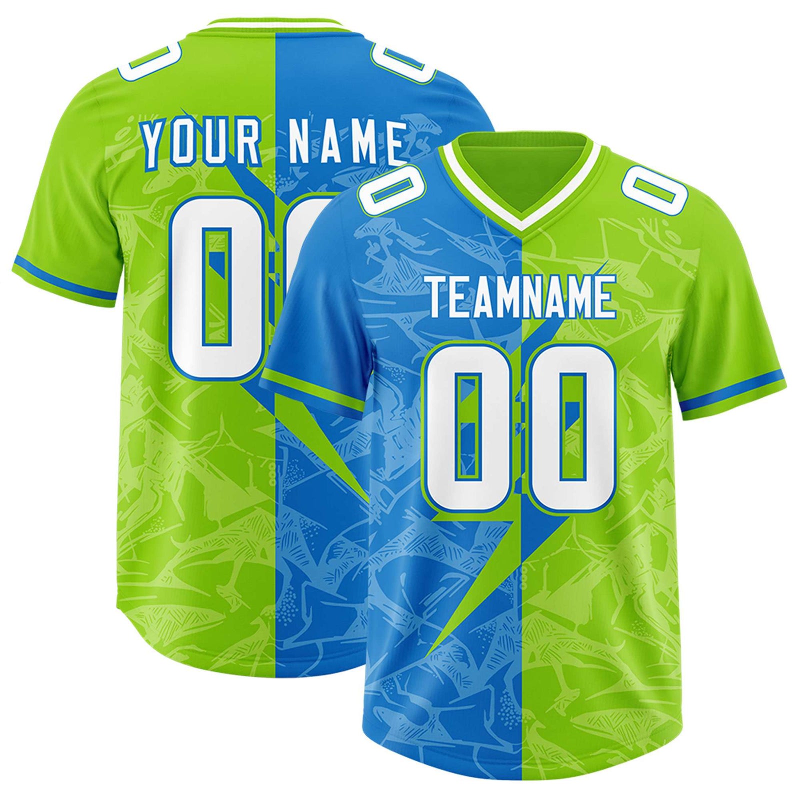 Custom Neon Green Panther Blue Split Personalized Lightning Pattern Football Jersey