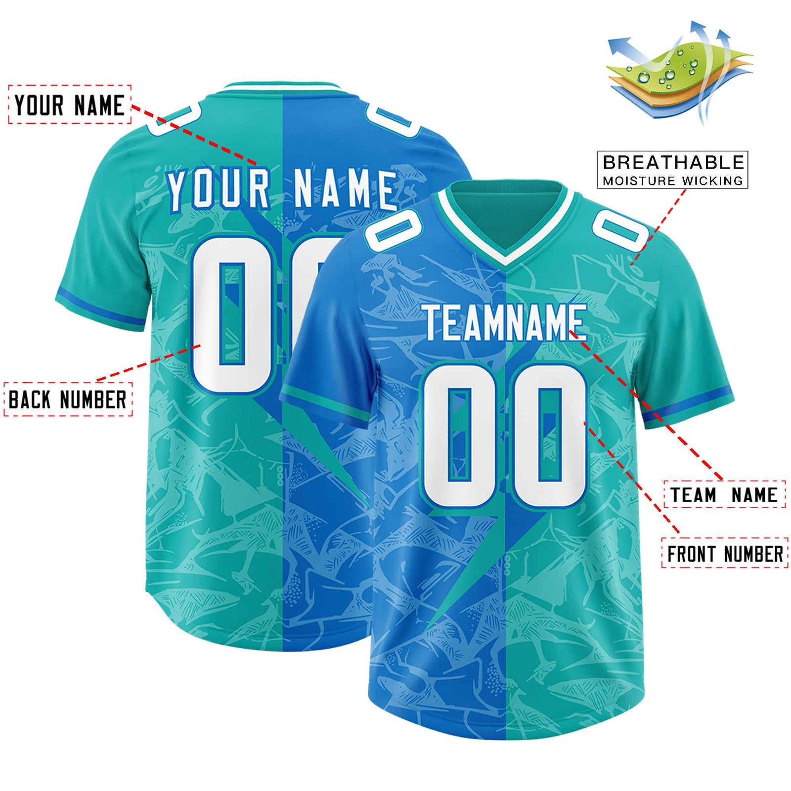 Custom Panther Blue Aqua Split Personalized Lightning Pattern Football Jersey