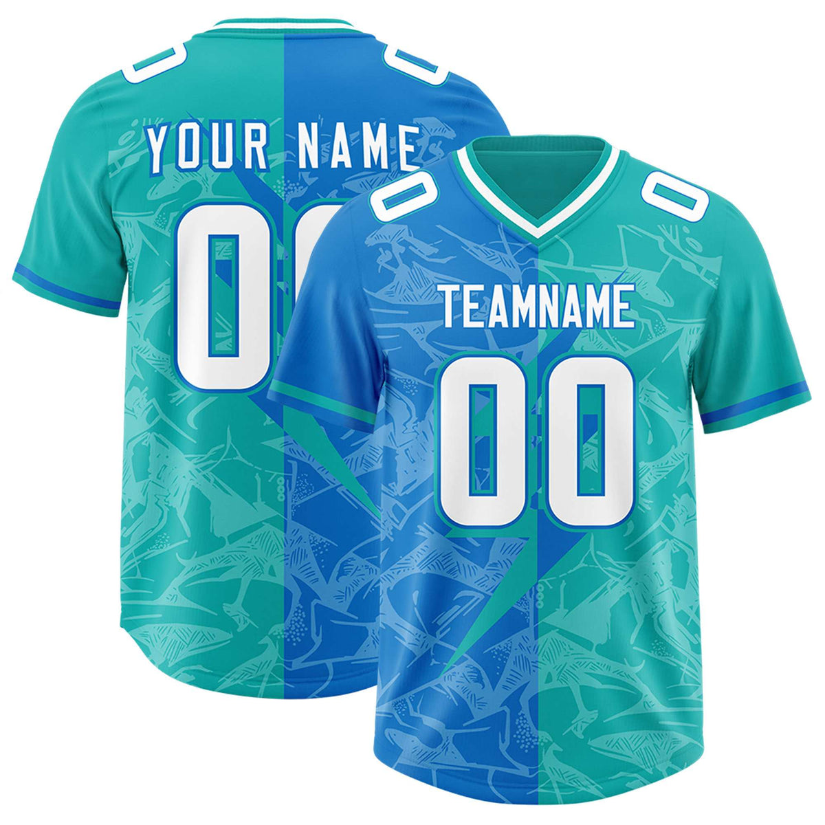 Custom Panther Blue Aqua Split Personalized Lightning Pattern Football Jersey