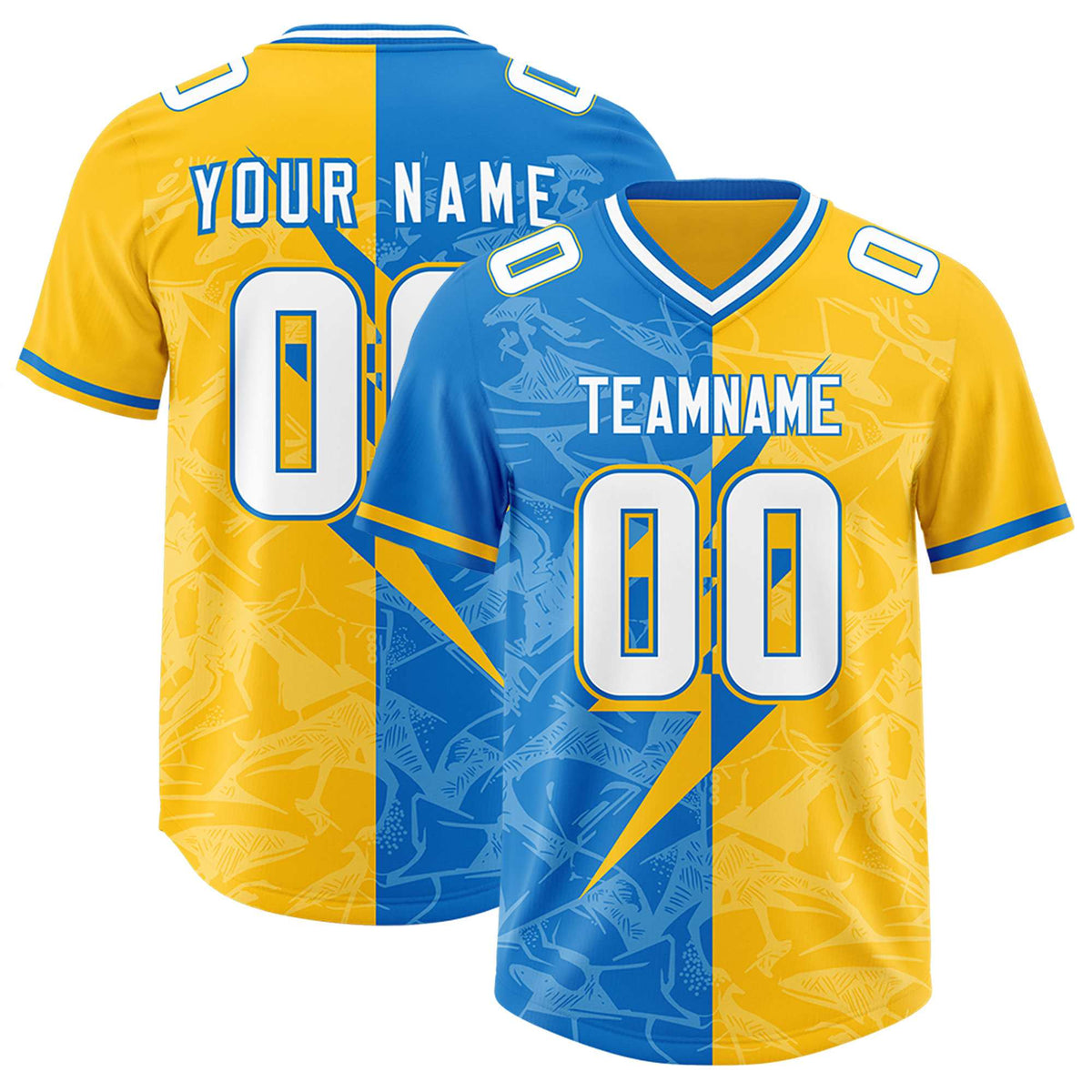 Custom Panther Blue Gold Split Personalized Lightning Pattern Football Jersey