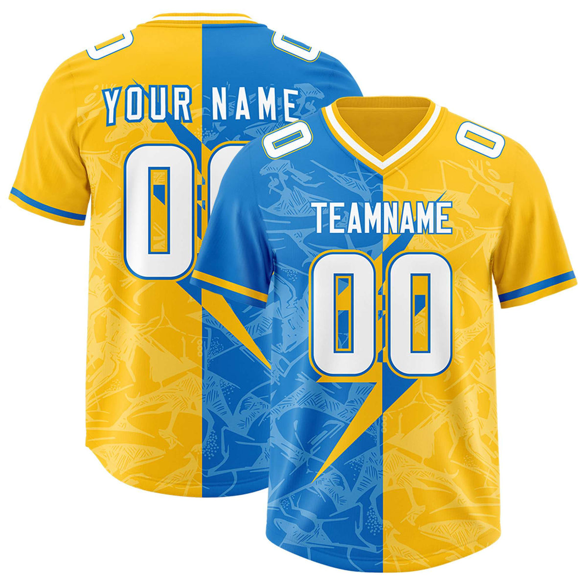 Custom Panther Blue Yellow Split Personalized Lightning Pattern Football Jersey