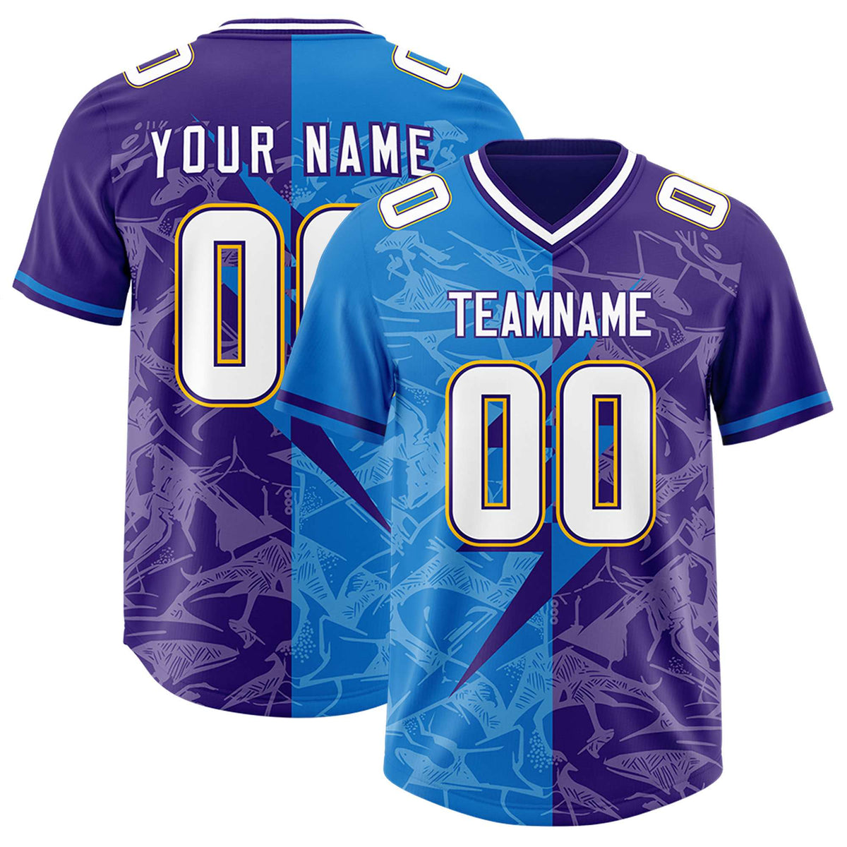 Custom Panther Blue Purple Split Personalized Lightning Pattern Football Jersey