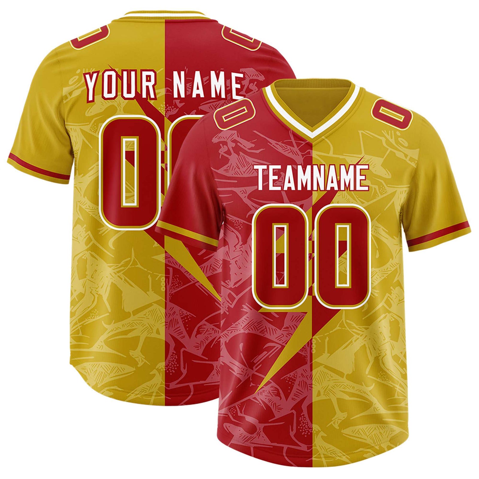 Custom Old Gold Red Split Personalized Lightning Pattern Football Jersey
