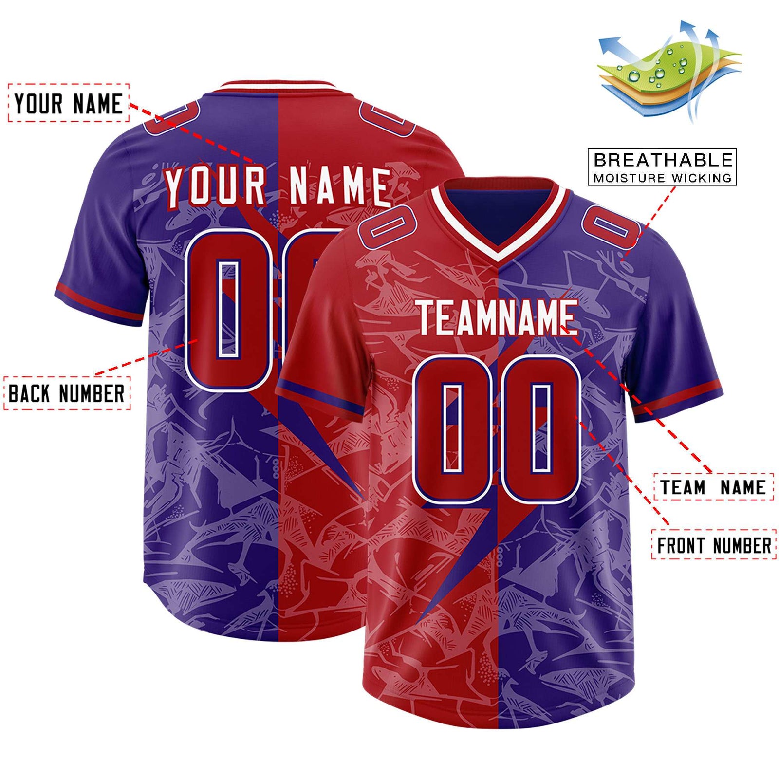 Custom Red Purple Split Personalized Lightning Pattern Football Jersey