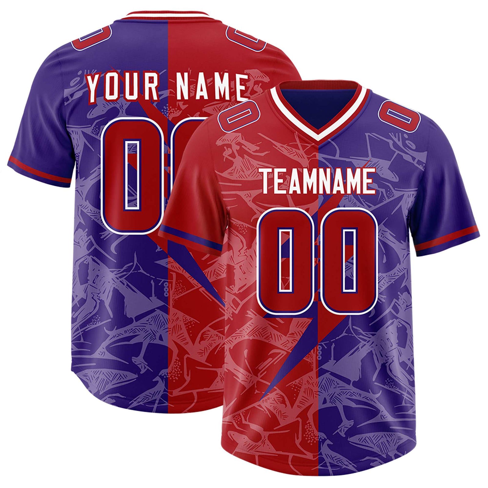 Custom Red Purple Split Personalized Lightning Pattern Football Jersey