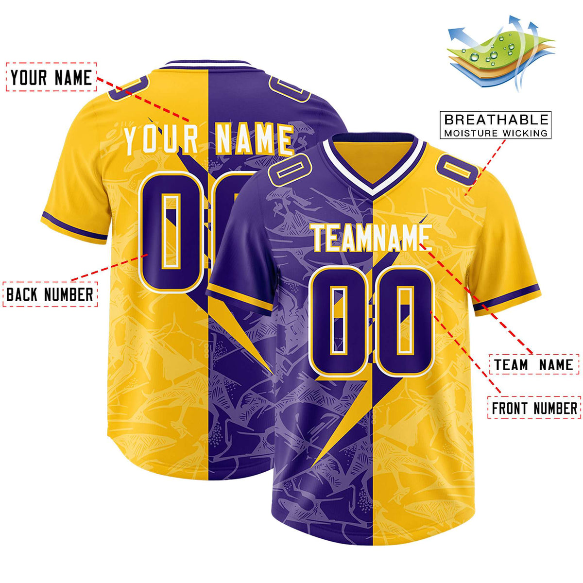 Custom Yellow Purple Split Personalized Lightning Pattern Football Jersey