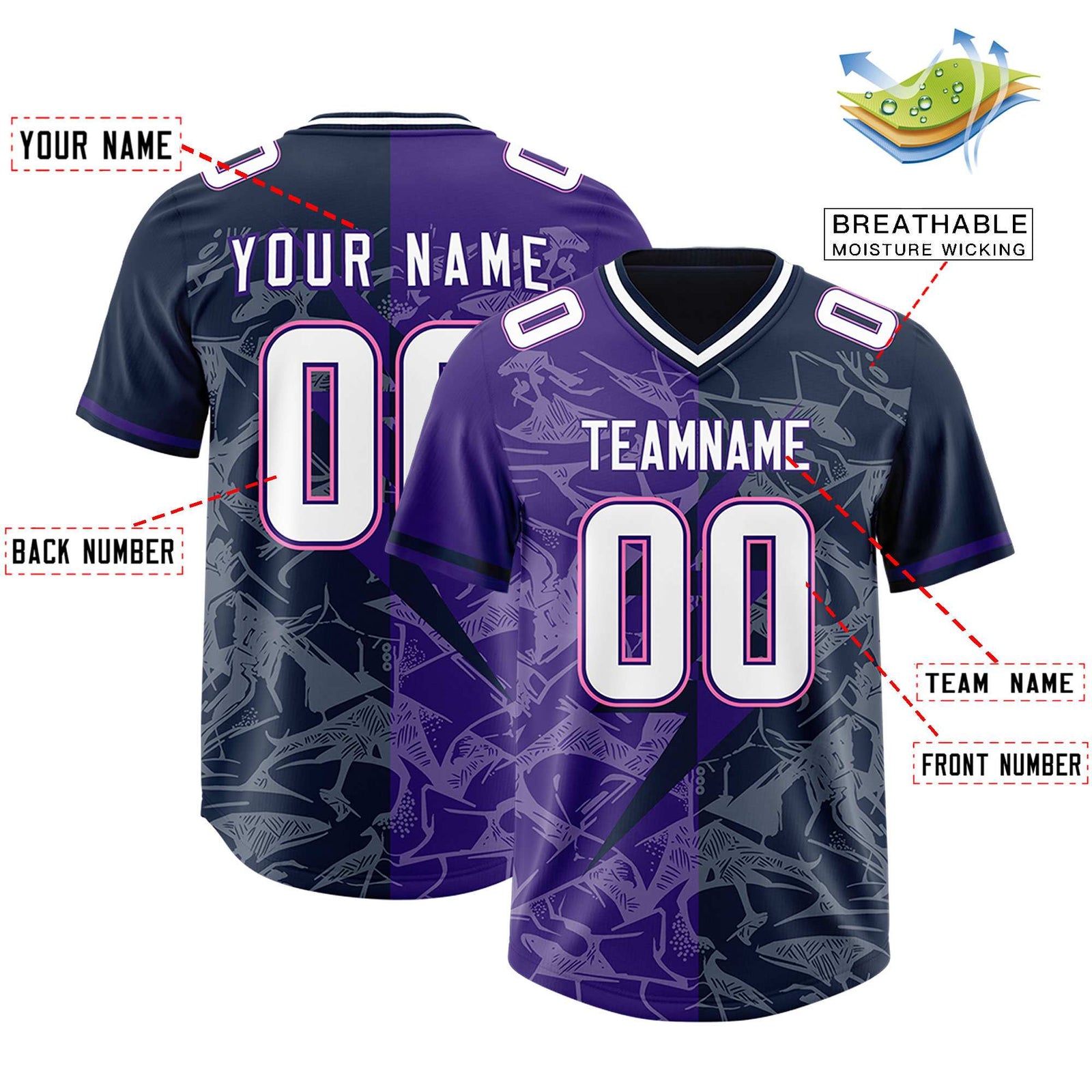 Custom Navy Purple Split Personalized Lightning Pattern Football Jersey