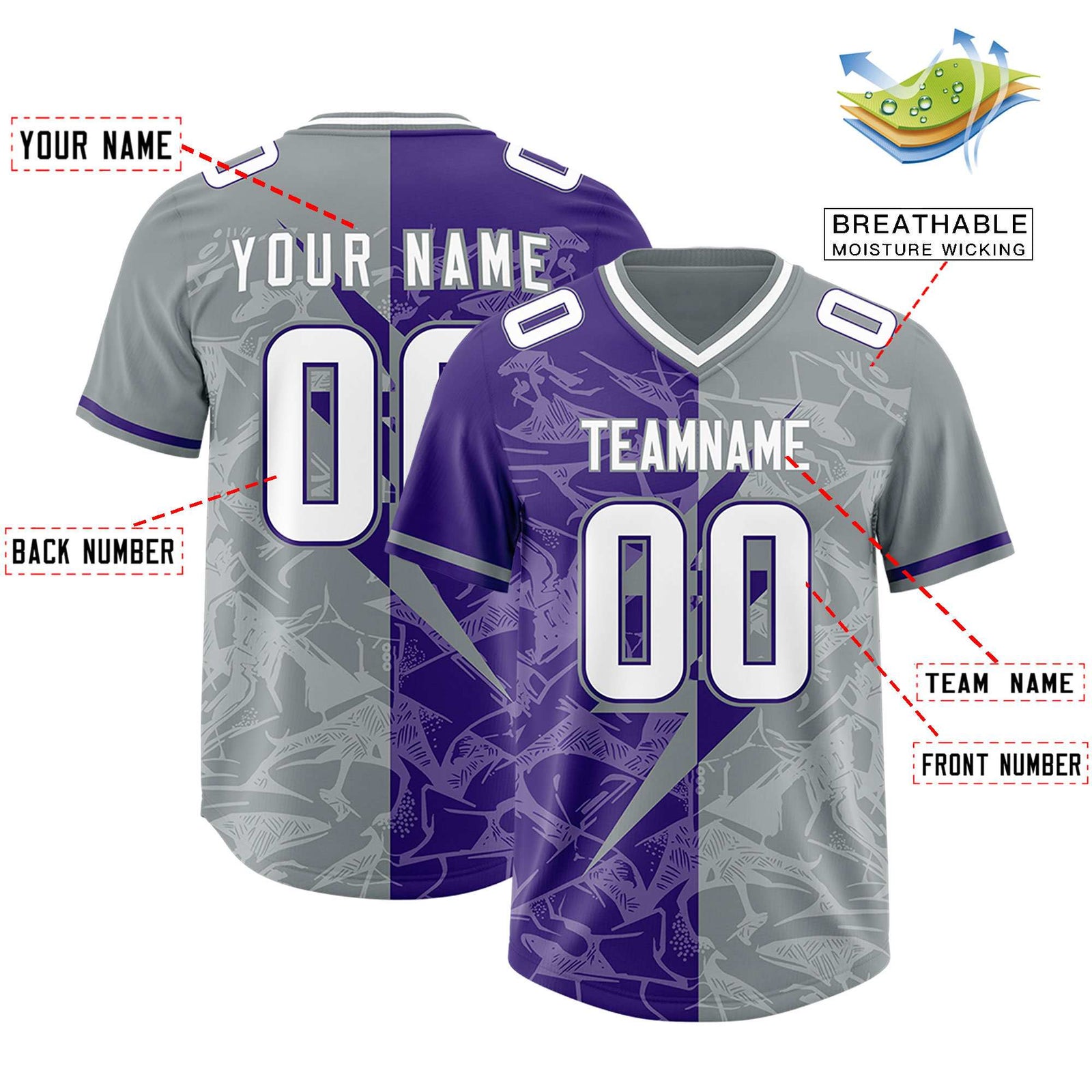 Custom Purple Gray Split Personalized Lightning Pattern Football Jersey