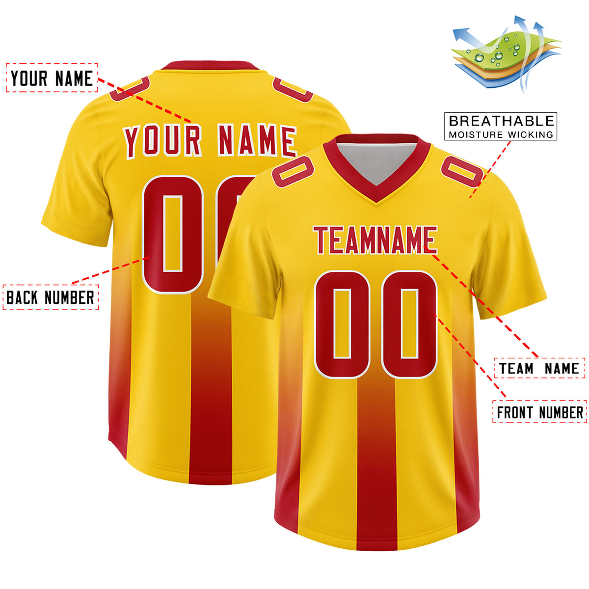 Custom Yellow Red Vertical Width Stripe Gradient Fashion Personalized Team Football Jersey