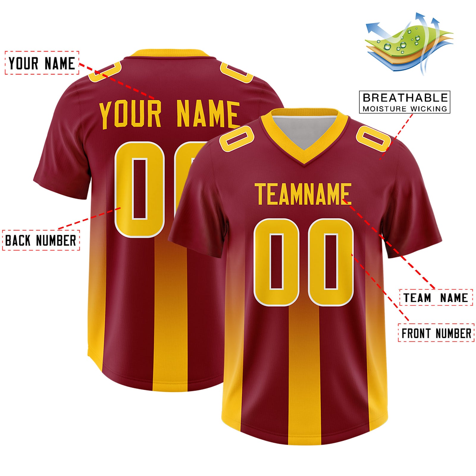 Custom Cardinal Yellow Vertical Width Stripe Gradient Fashion Personalized Team Football Jersey