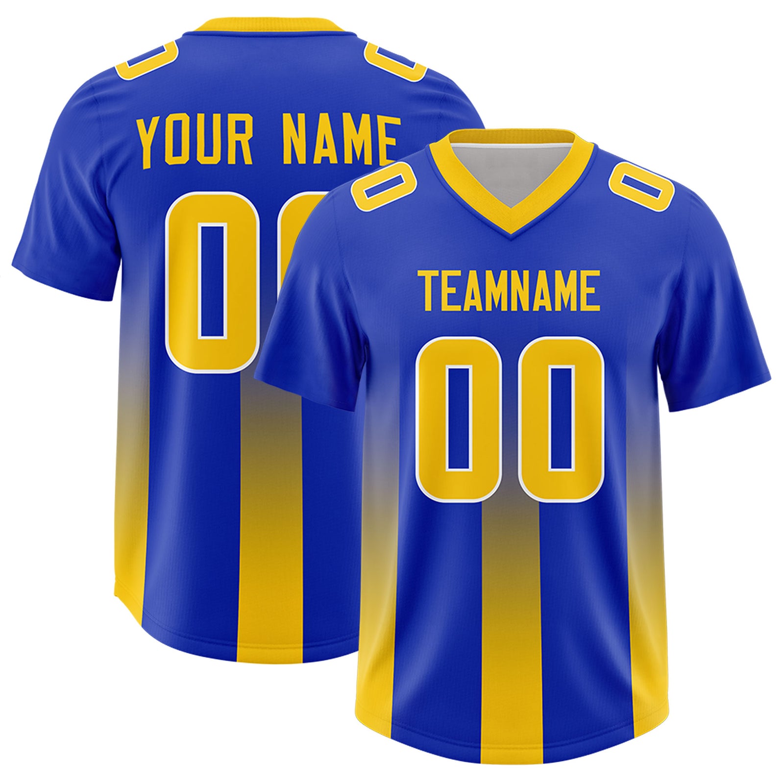 Custom Royal Yellow Vertical Width Stripe Gradient Fashion Personalized Team Football Jersey
