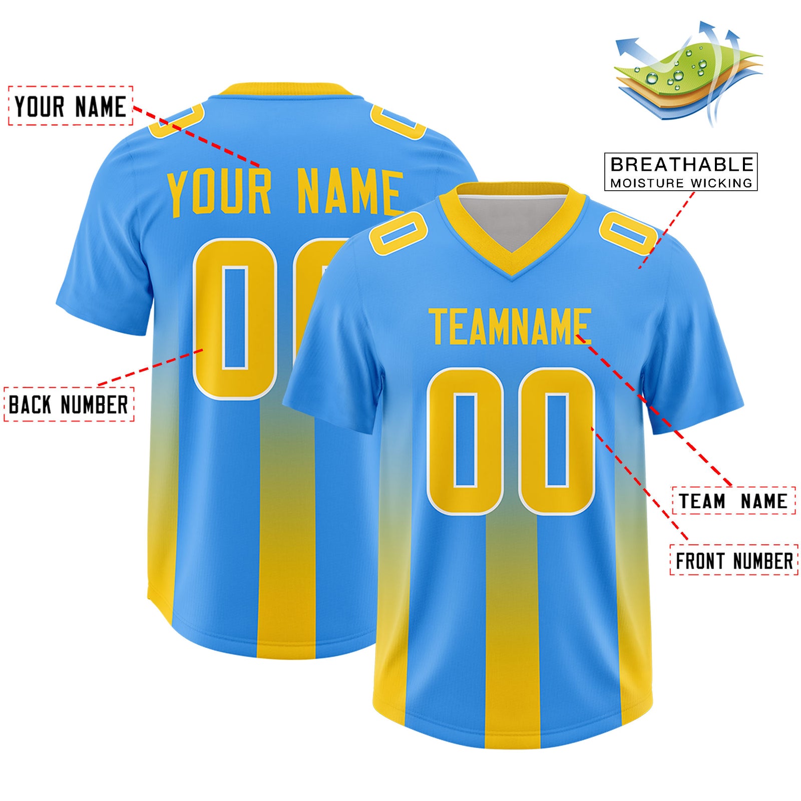 Custom Light Blue Yellow Vertical Width Stripe Gradient Fashion Personalized Team Football Jersey