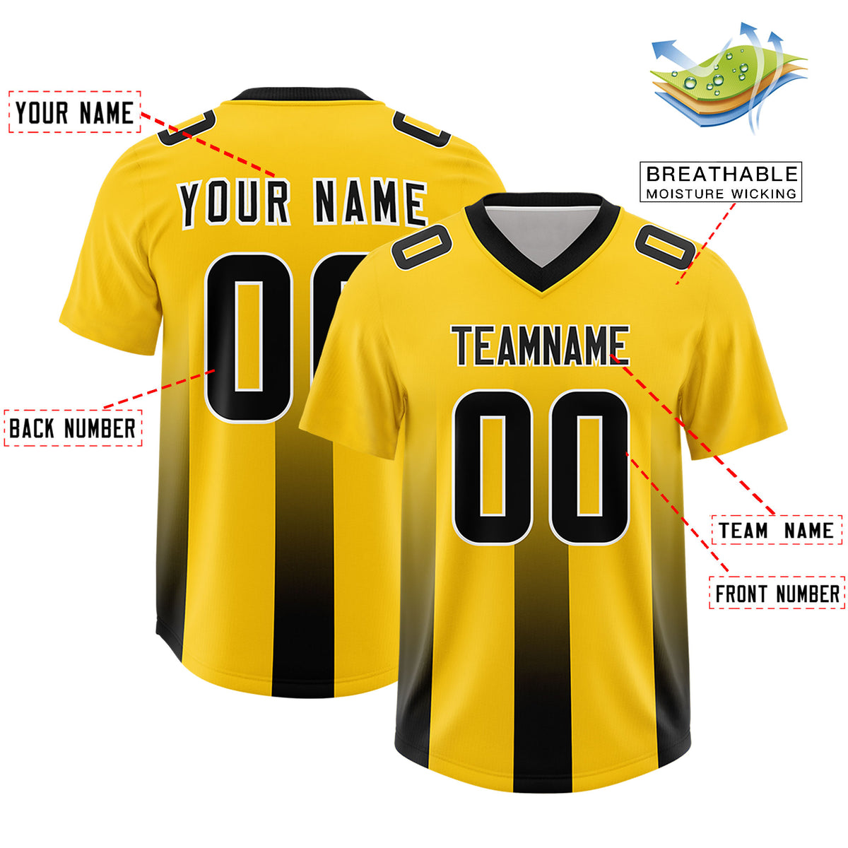 Custom Yellow Black Vertical Width Stripe Gradient Fashion Personalized Team Football Jersey