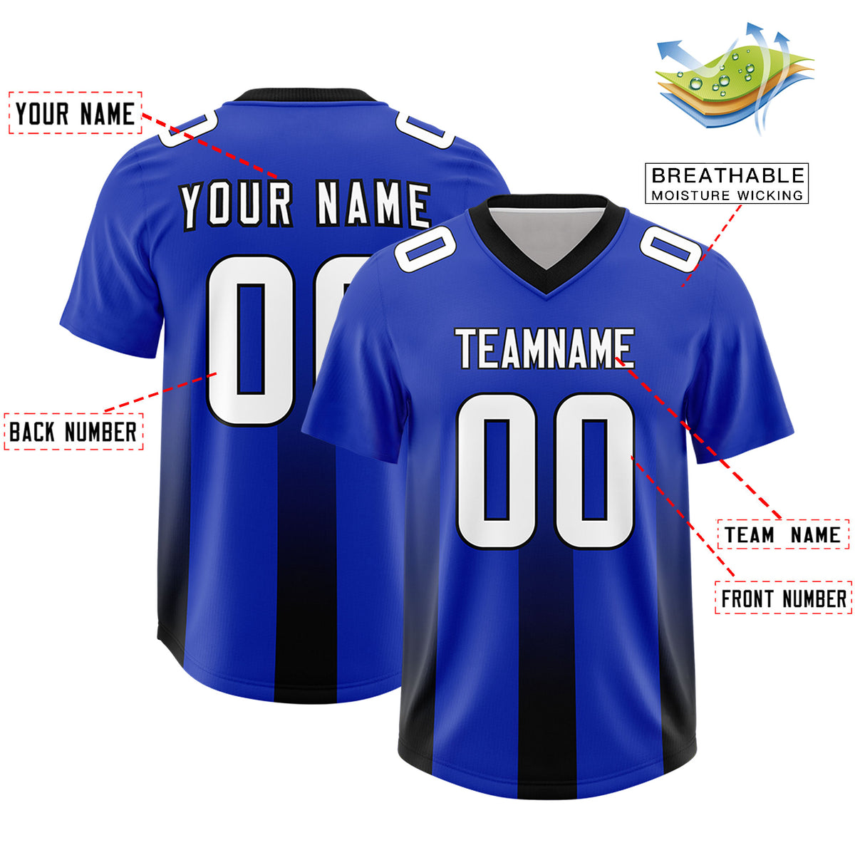 Custom Royal Black Vertical Width Stripe Gradient Fashion Personalized Team Football Jersey