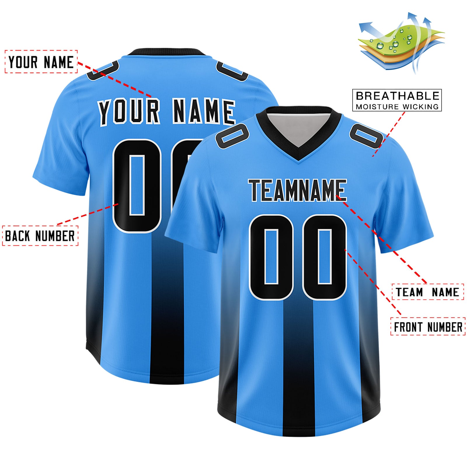 Custom Light Blue Black Vertical Width Stripe Gradient Fashion Personalized Team Football Jersey
