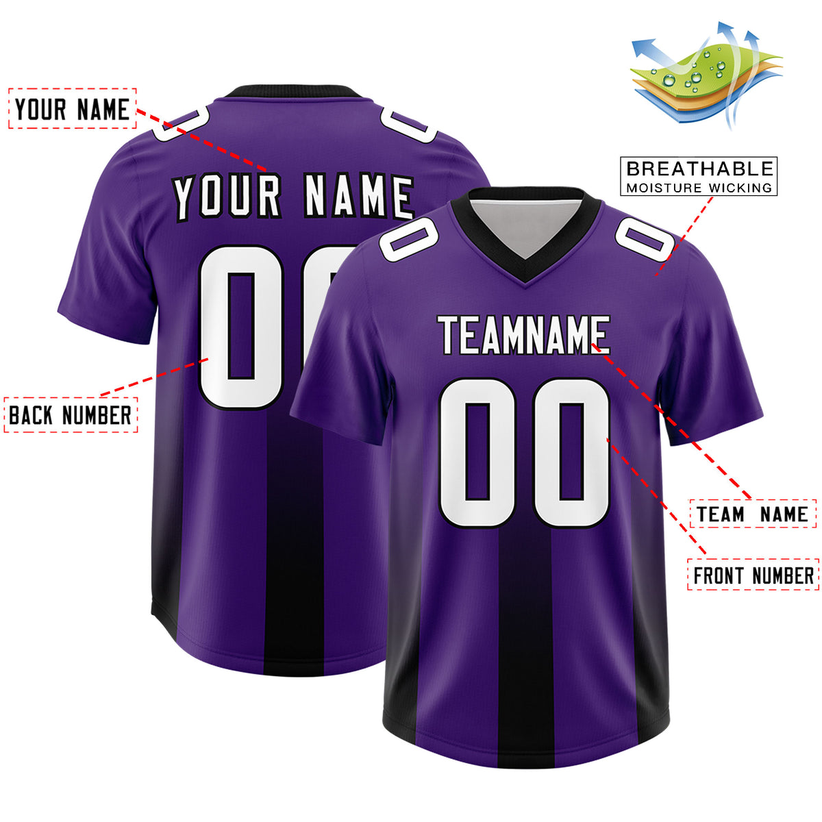Custom Purple Black Vertical Width Stripe Gradient Fashion Personalized Team Football Jersey