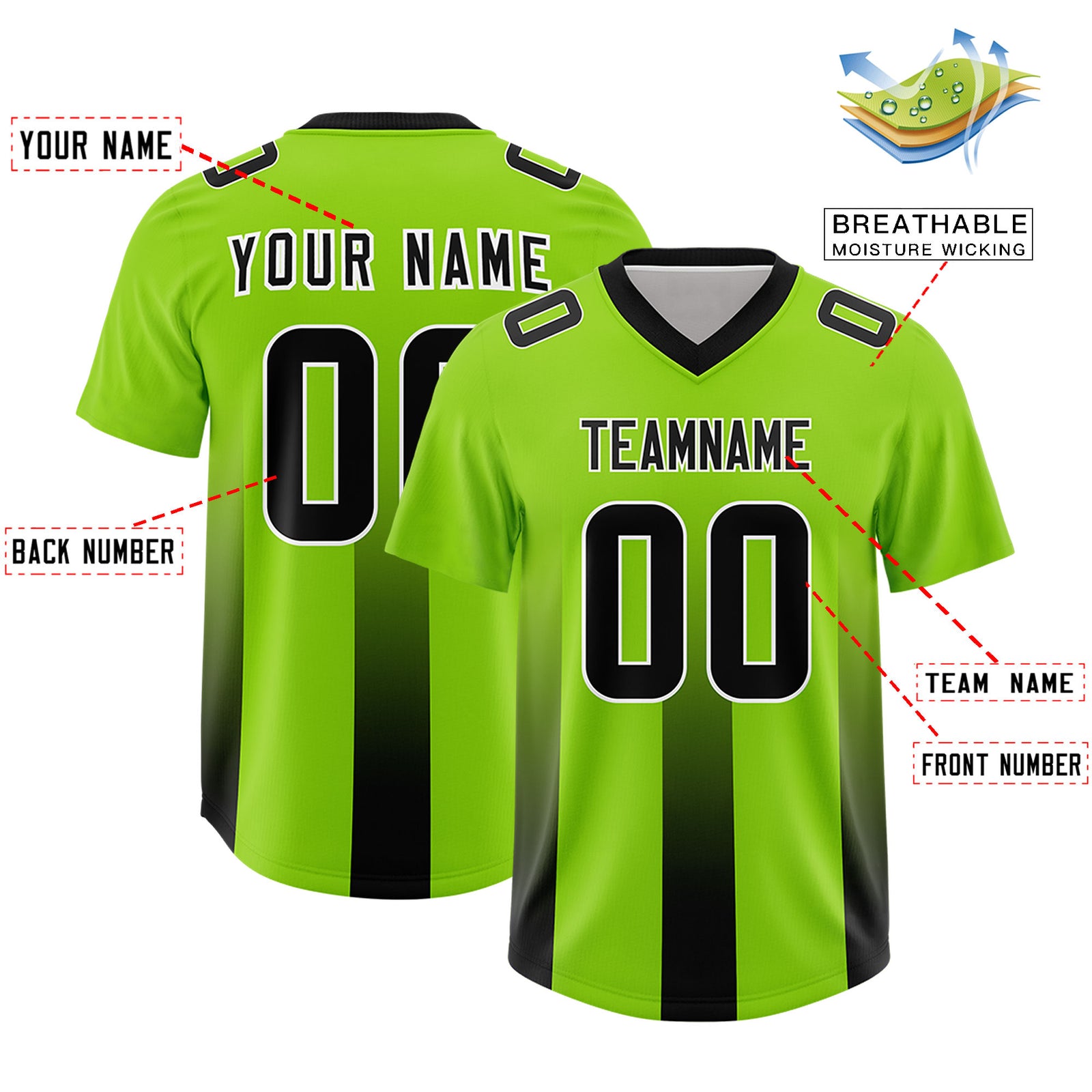 Custom Neon Green Black Vertical Width Stripe Gradient Fashion Personalized Team Football Jersey