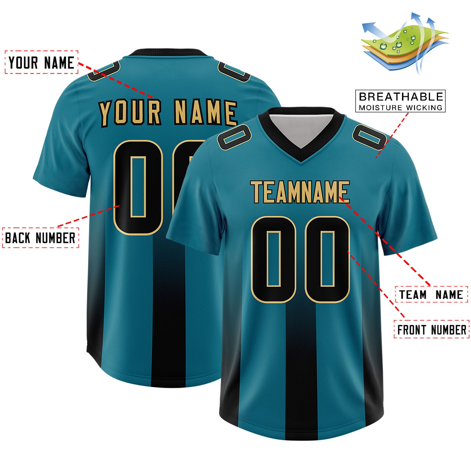Custom Aqua Black Vertical Width Stripe Gradient Fashion Personalized Team Football Jersey