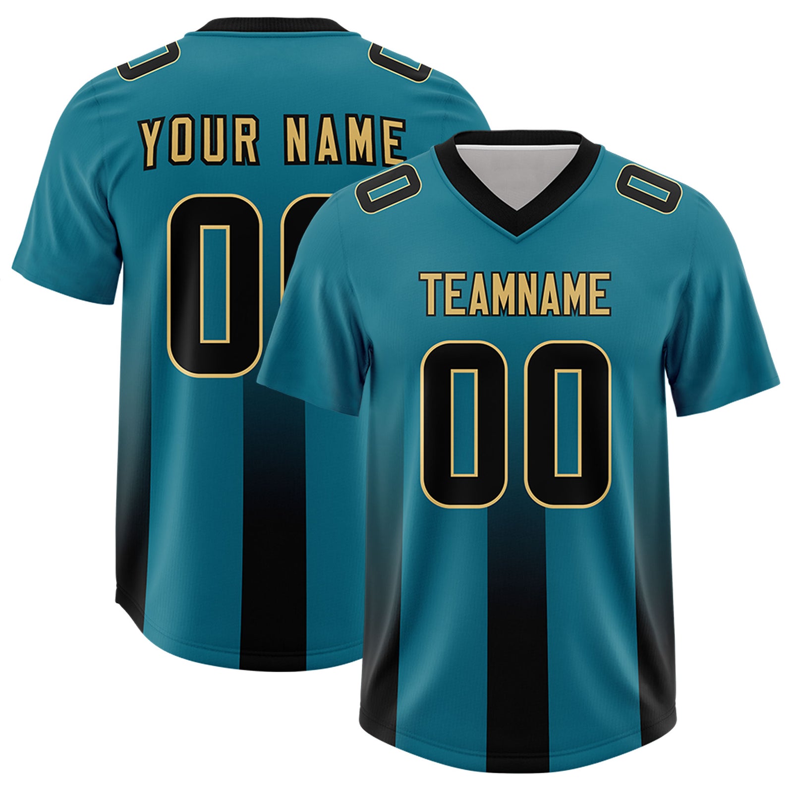 Custom Aqua Black Vertical Width Stripe Gradient Fashion Personalized Team Football Jersey