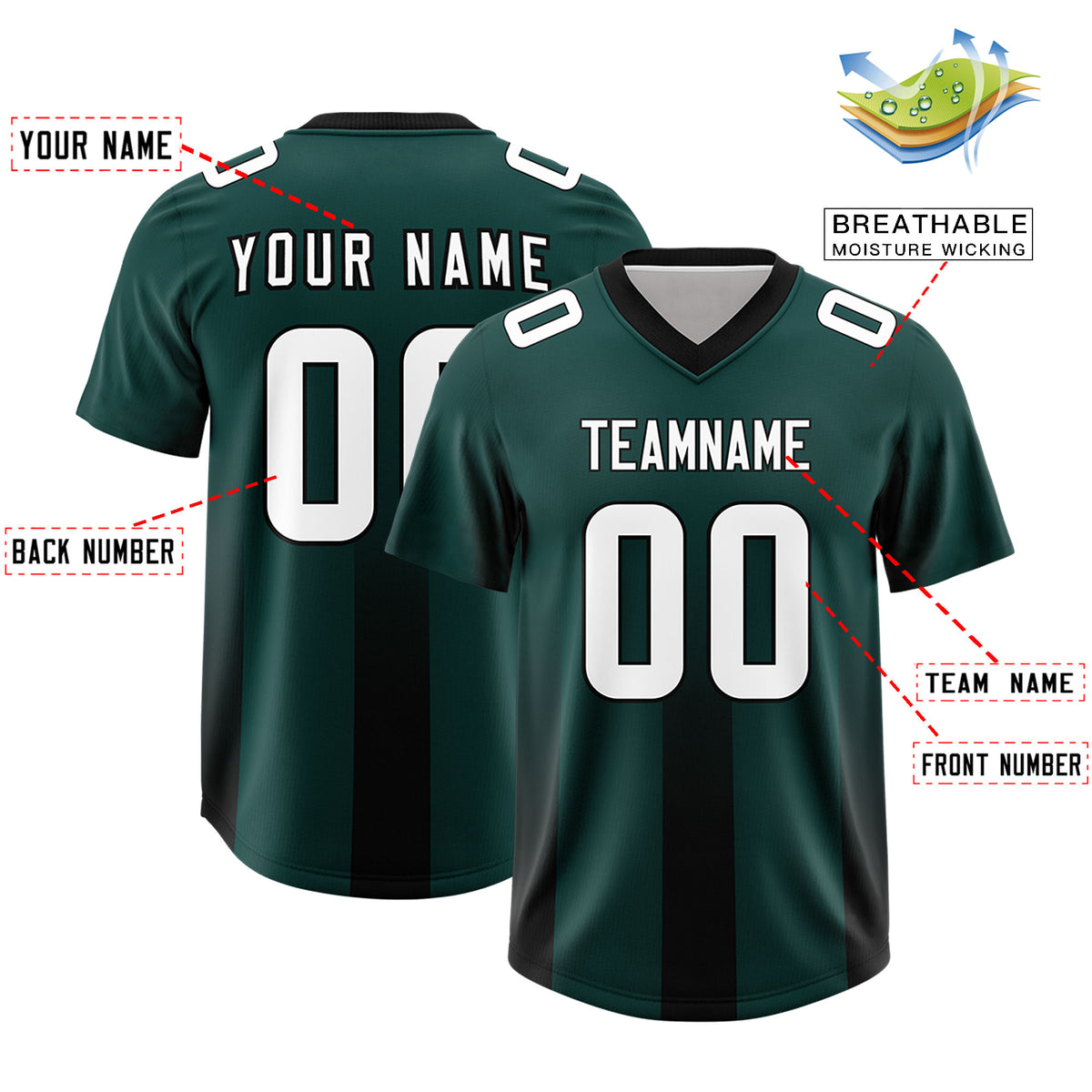 Custom Midnight Green Black Vertical Width Stripe Gradient Fashion Personalized Team Football Jersey