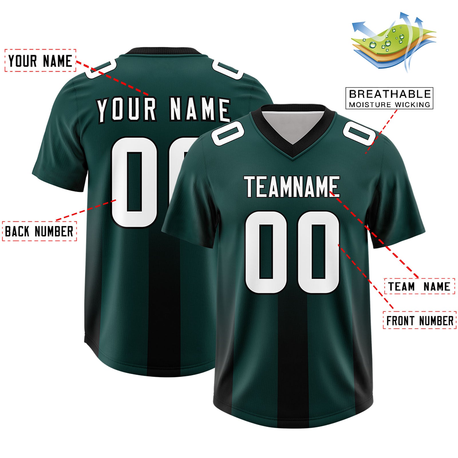 Custom Midnight Green Black Vertical Width Stripe Gradient Fashion Personalized Team Football Jersey