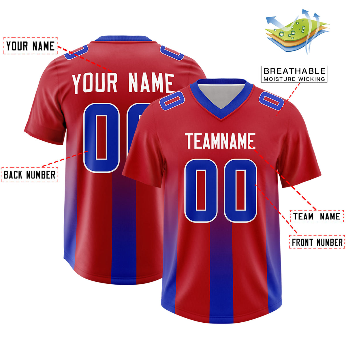 Custom Red Royal Vertical Width Stripe Gradient Fashion Personalized Team Football Jersey