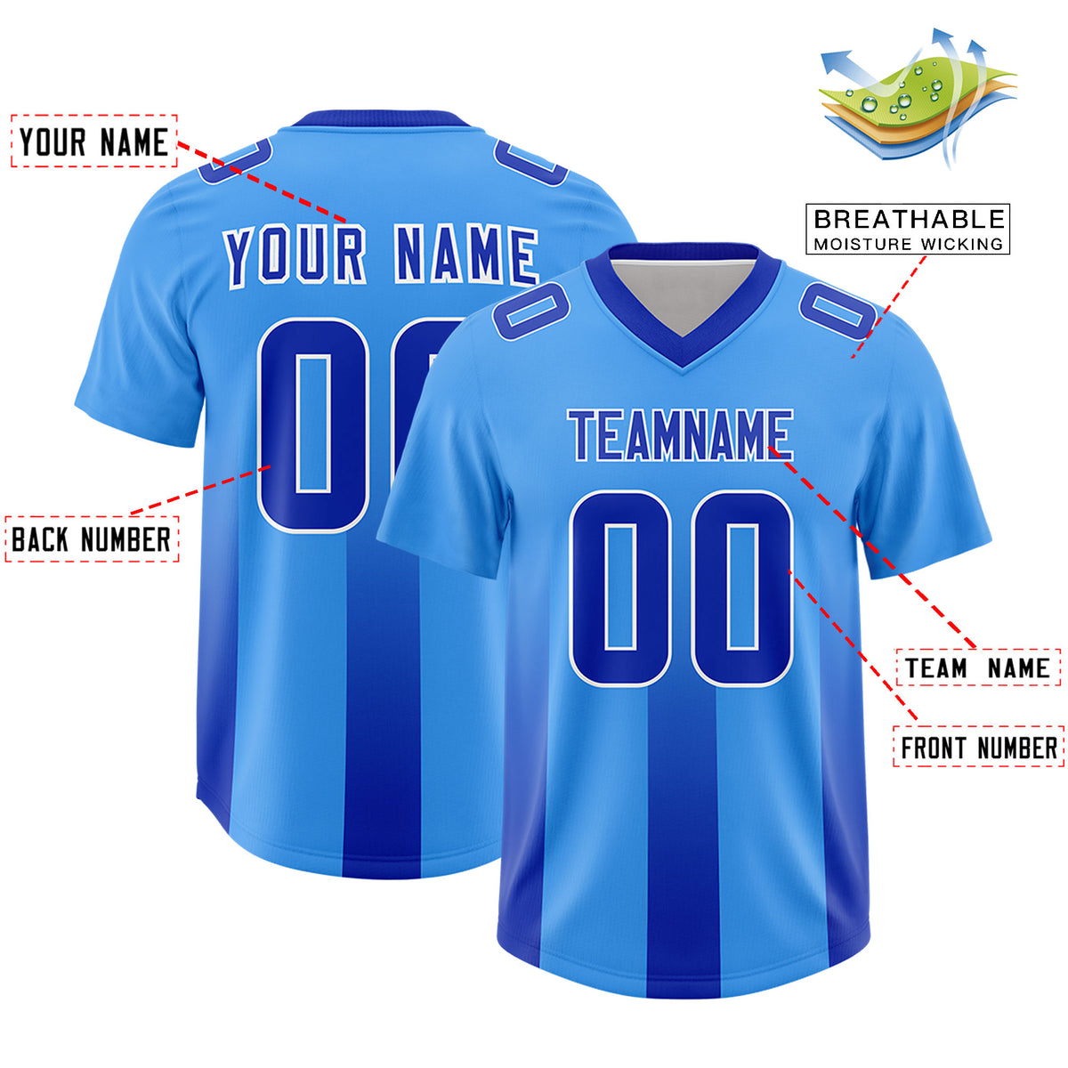 Custom Light Blue Royal Vertical Width Stripe Gradient Fashion Personalized Team Football Jersey