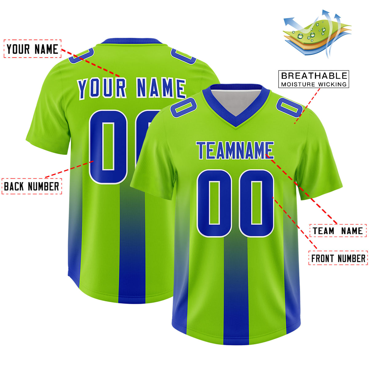 Custom Neon Green Royal Vertical Width Stripe Gradient Fashion Personalized Team Football Jersey
