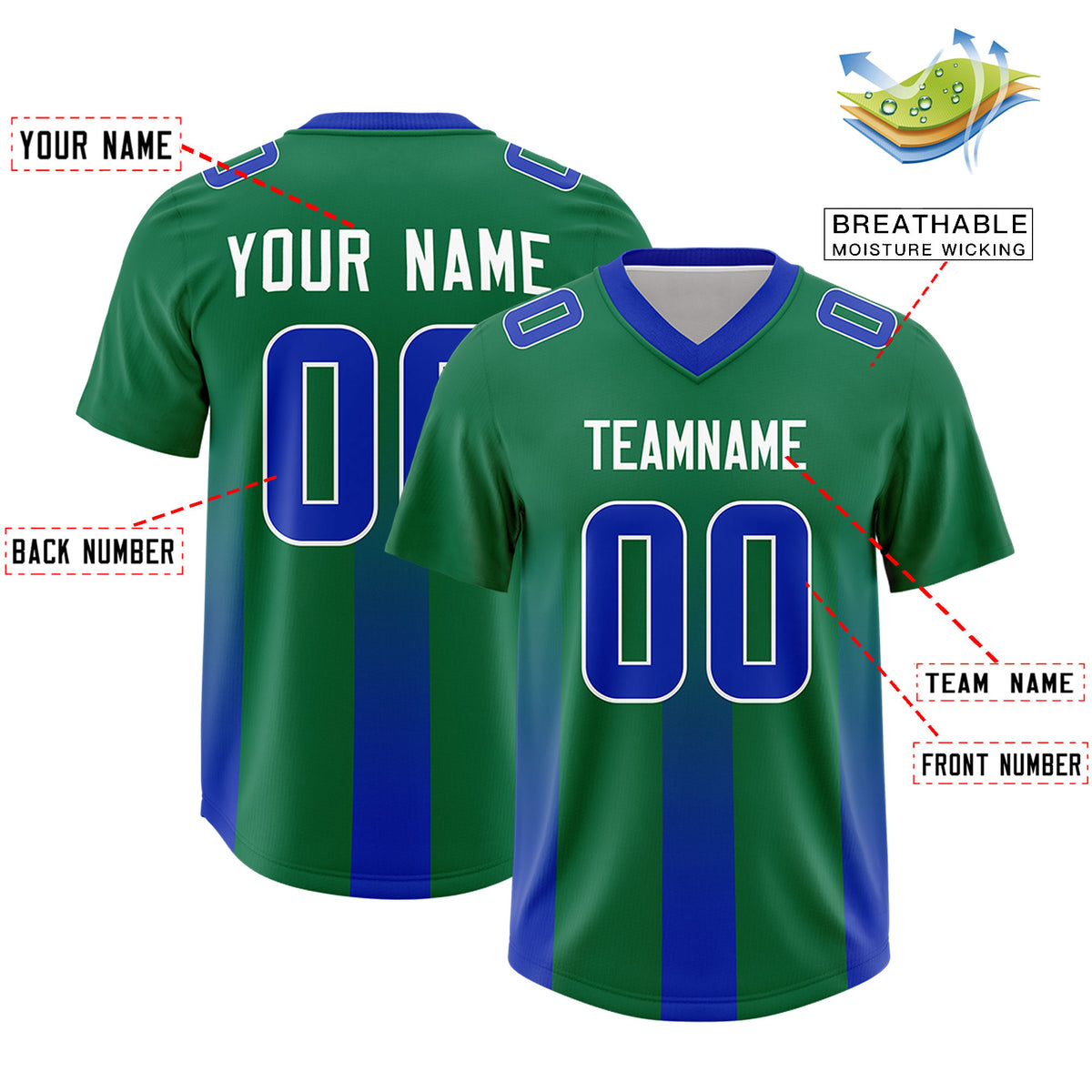 Custom Kelly Green Royal Vertical Width Stripe Gradient Fashion Personalized Team Football Jersey