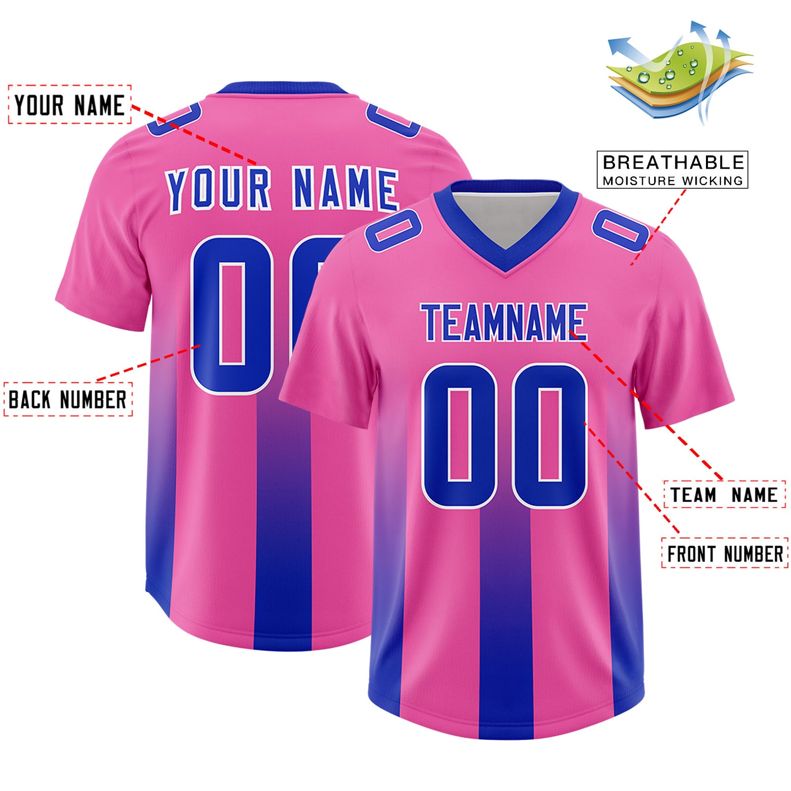 Custom Pink Royal Vertical Width Stripe Gradient Fashion Personalized Team Football Jersey