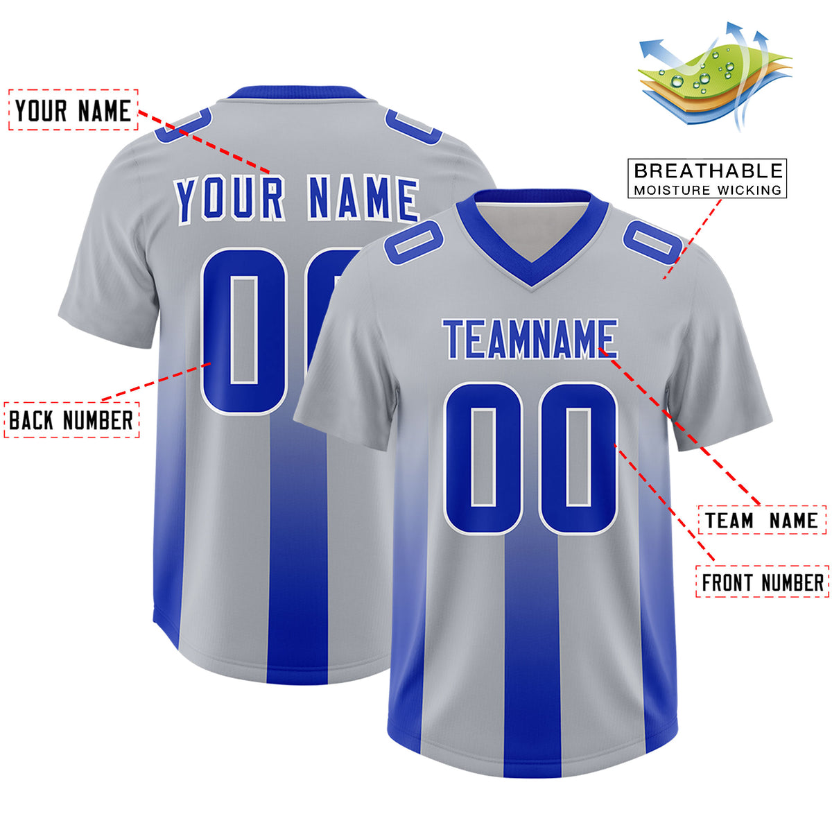 Custom Gray Royal Vertical Width Stripe Gradient Fashion Personalized Team Football Jersey