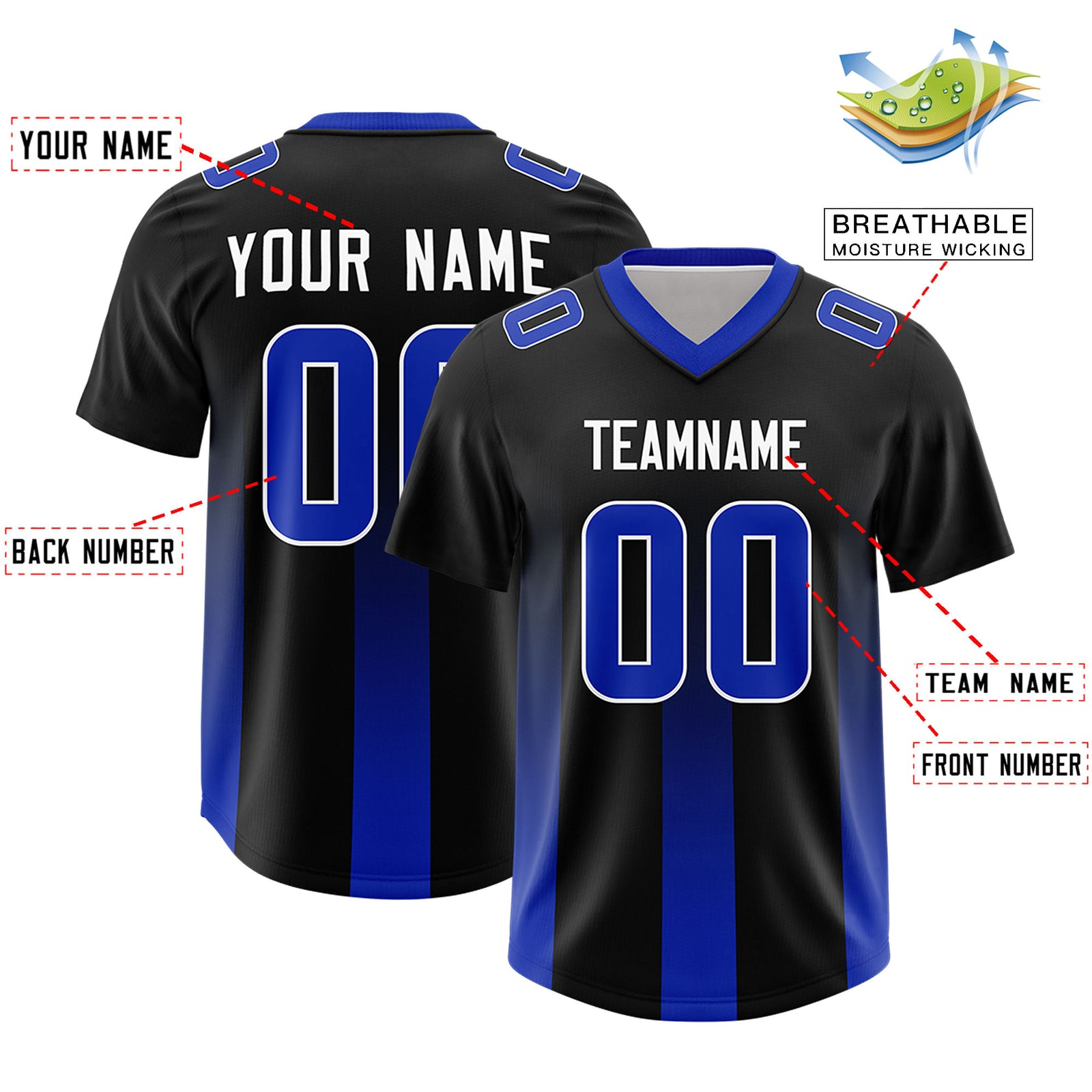 Custom Black Royal Vertical Width Stripe Gradient Fashion Personalized Team Football Jersey