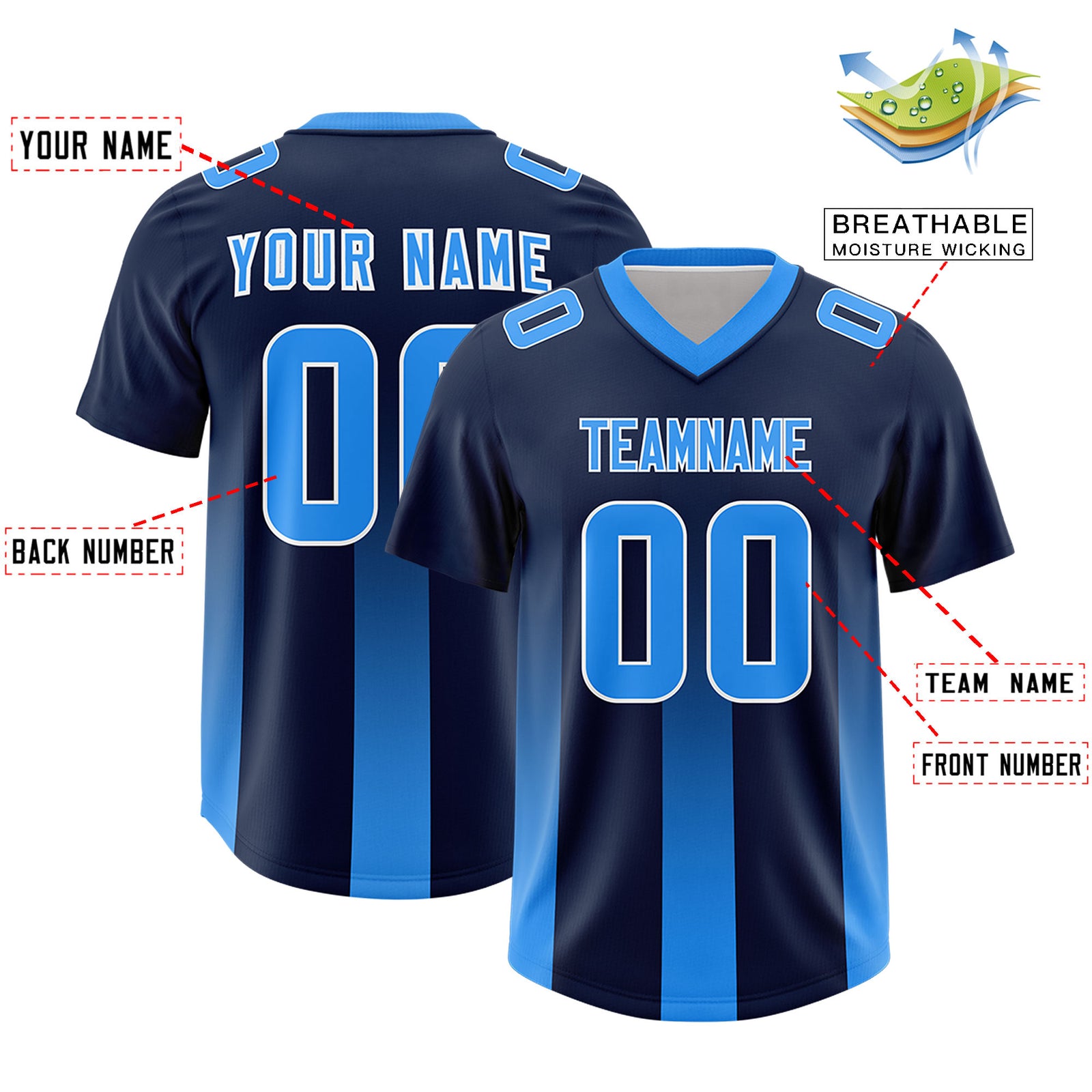 Custom Navy Light Blue Vertical Width Stripe Gradient Fashion Personalized Team Football Jersey