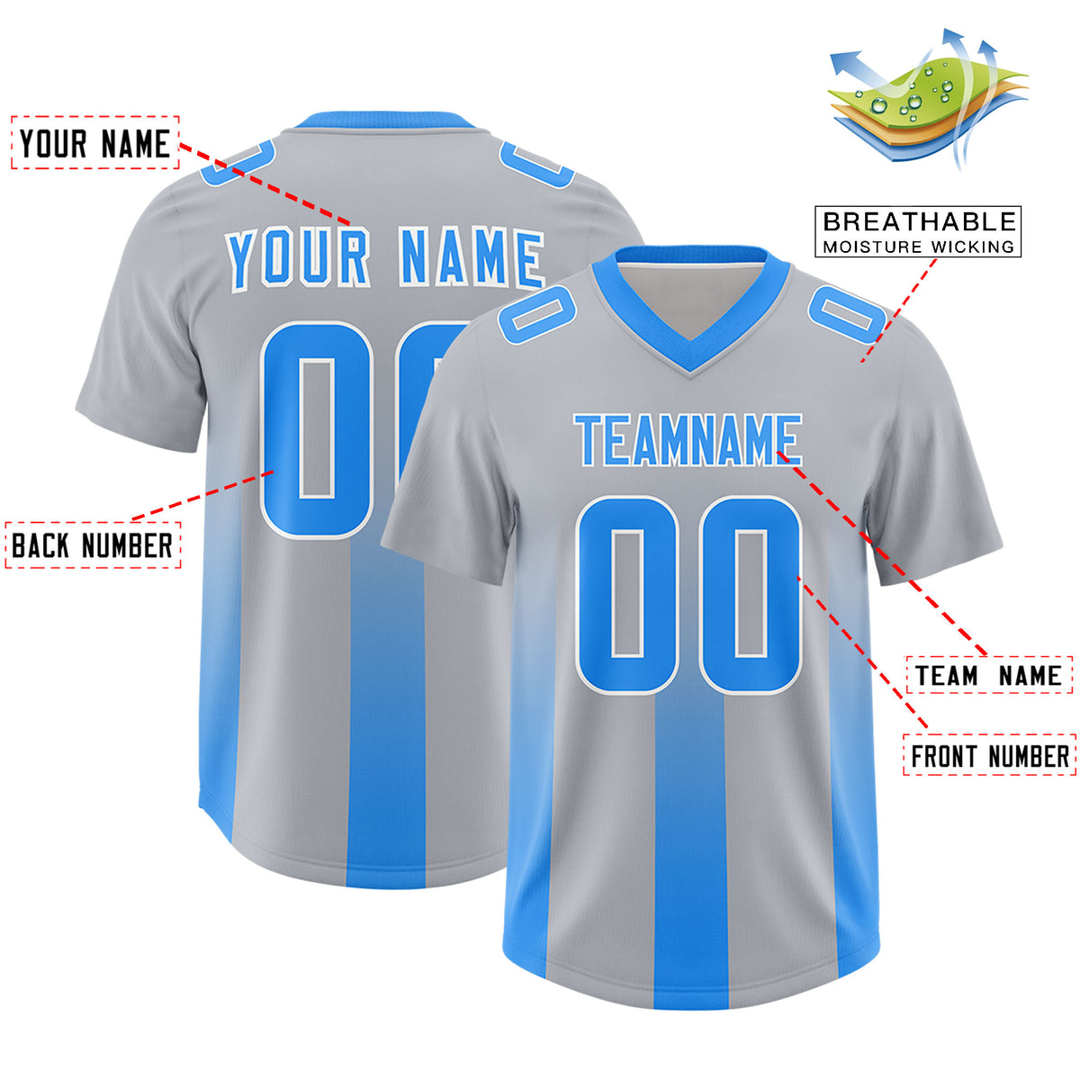 Custom Gray Light Blue Vertical Width Stripe Gradient Fashion Personalized Team Football Jersey