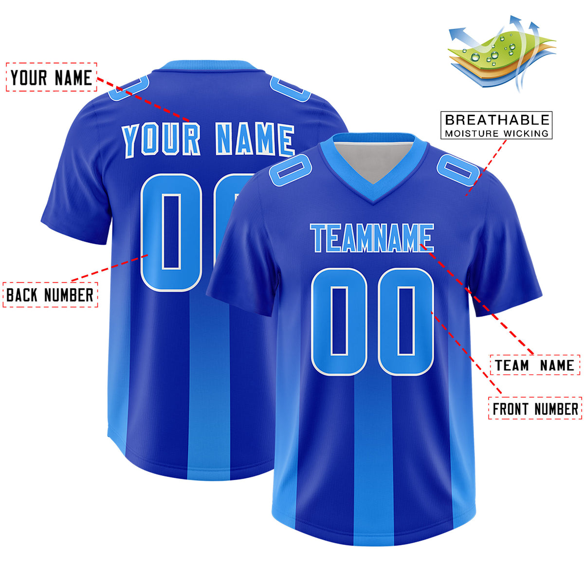 Custom Royal Light Blue Vertical Width Stripe Gradient Fashion Personalized Team Football Jersey