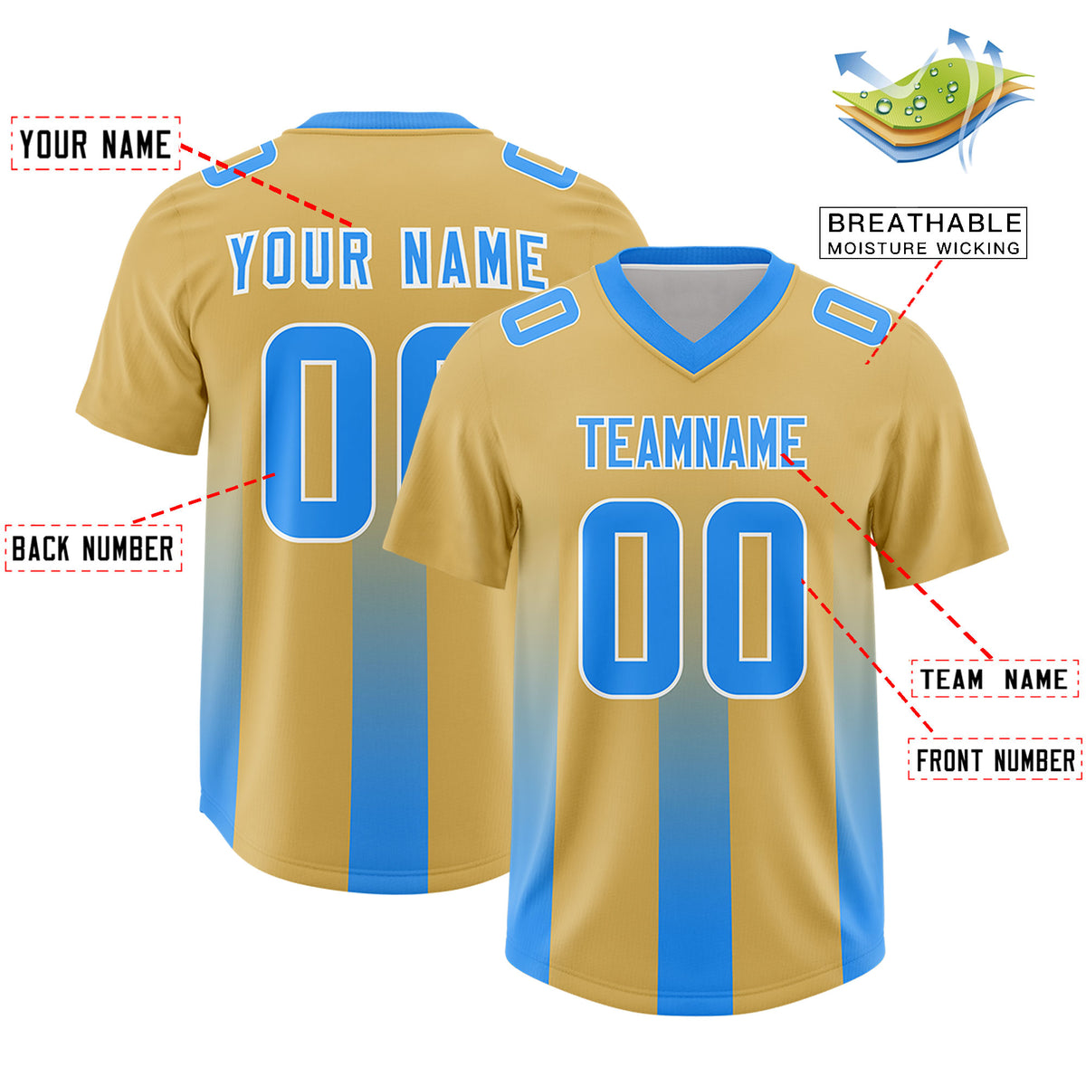 Custom Khaki Light Blue Vertical Width Stripe Gradient Fashion Personalized Team Football Jersey