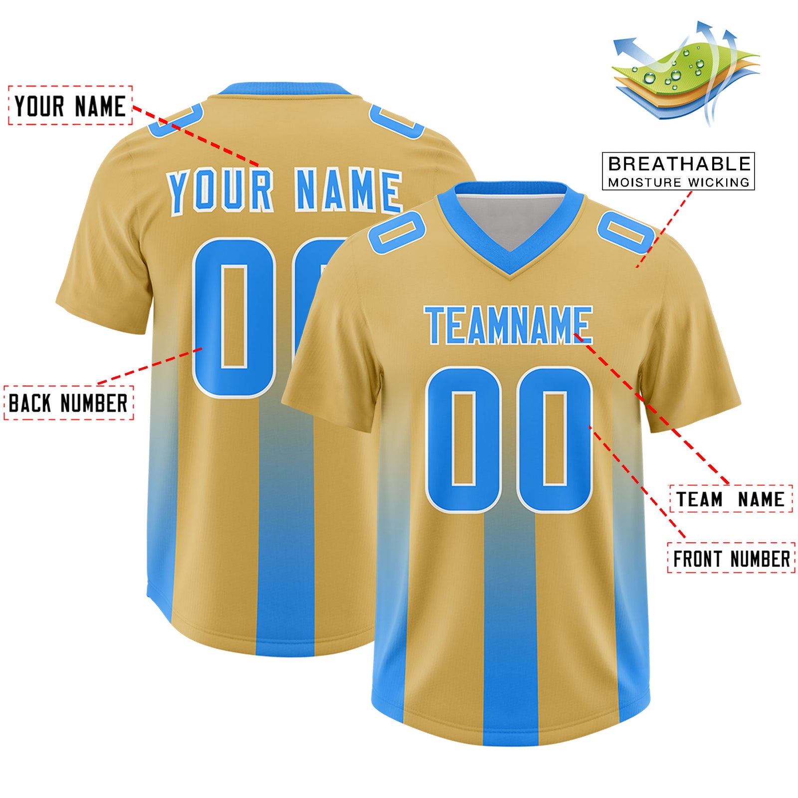 Custom Khaki Light Blue Vertical Width Stripe Gradient Fashion Personalized Team Football Jersey