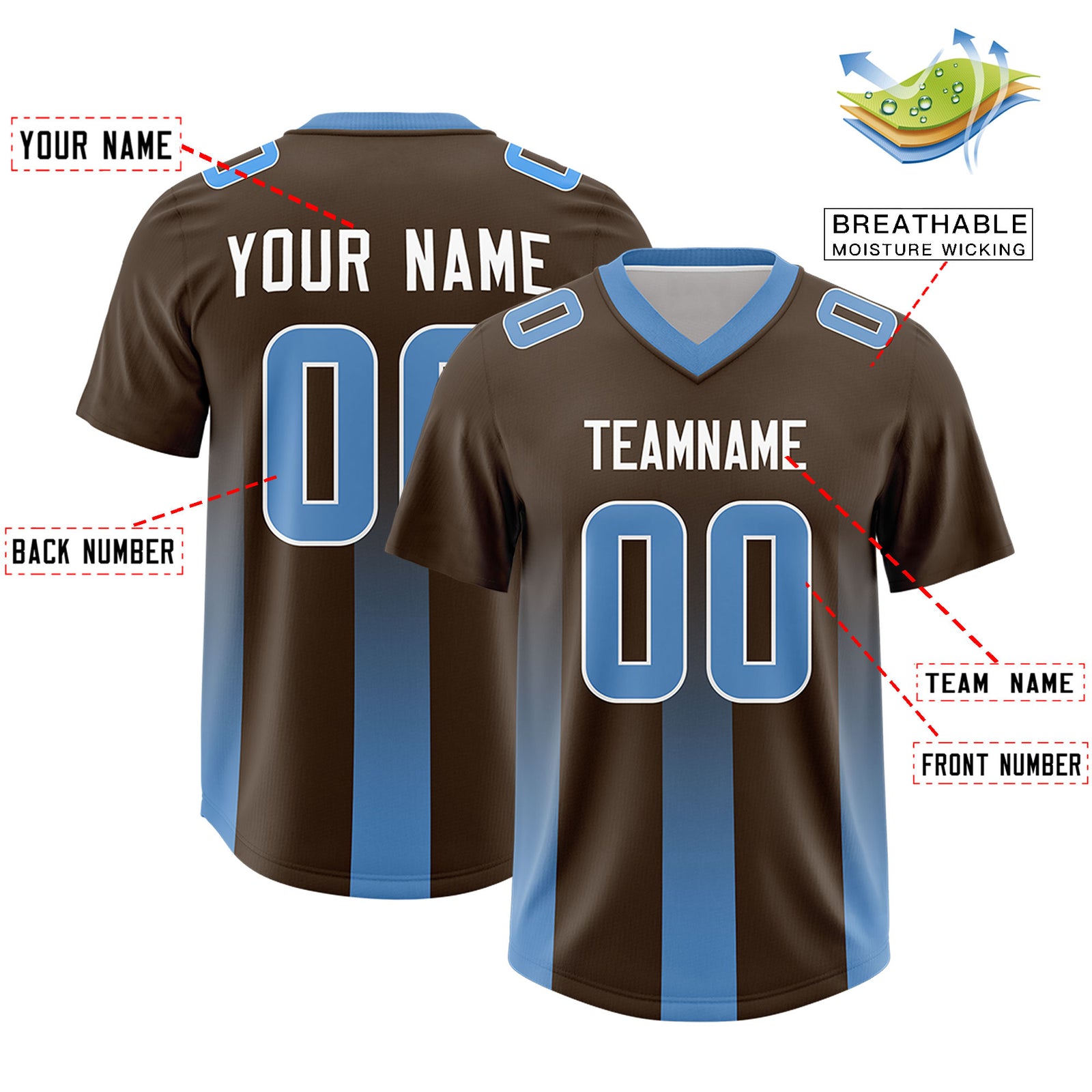 Custom Brown Powder Blue Vertical Width Stripe Gradient Fashion Personalized Team Football Jersey