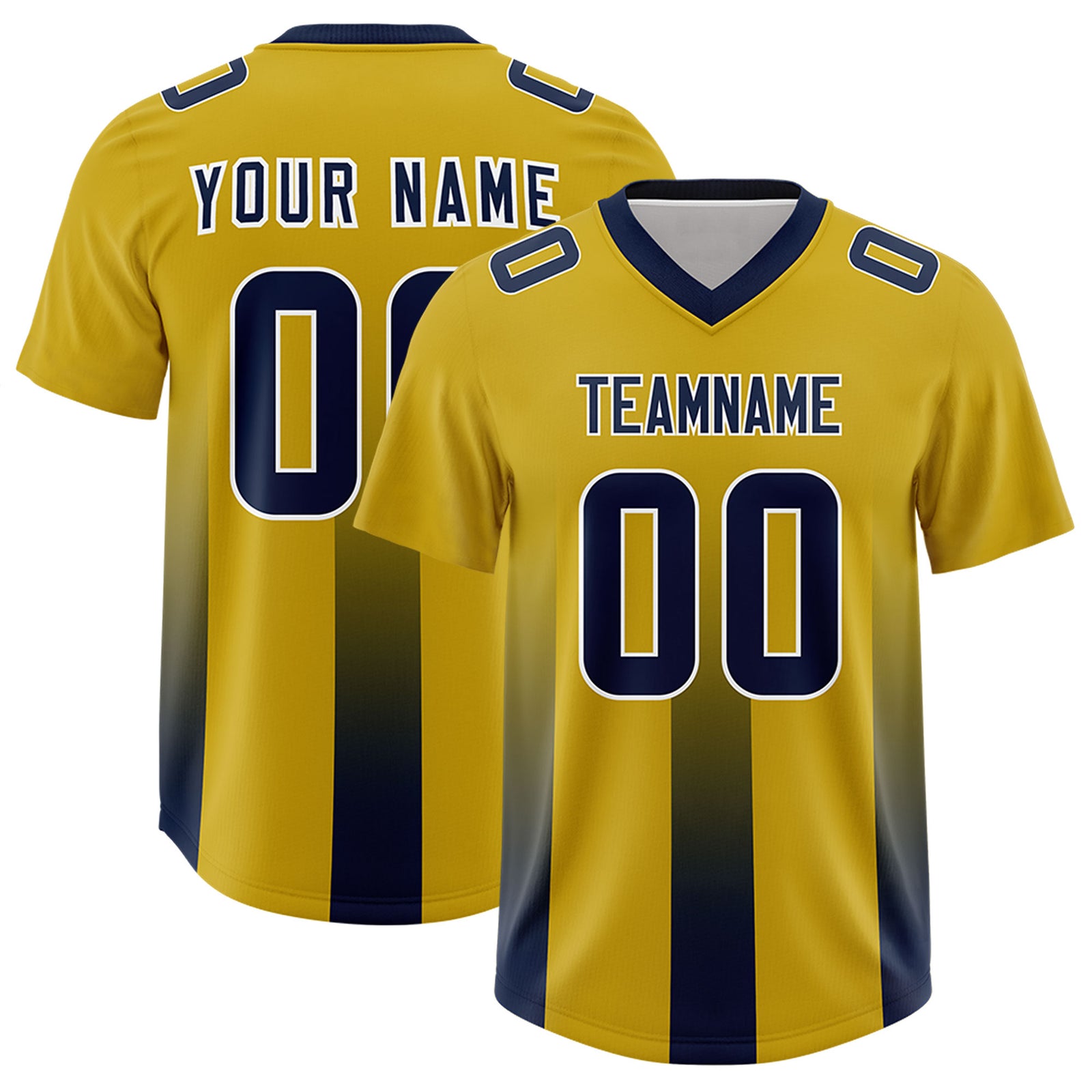 Custom Old Gold Navy Vertical Width Stripe Gradient Fashion Personalized Team Football Jersey