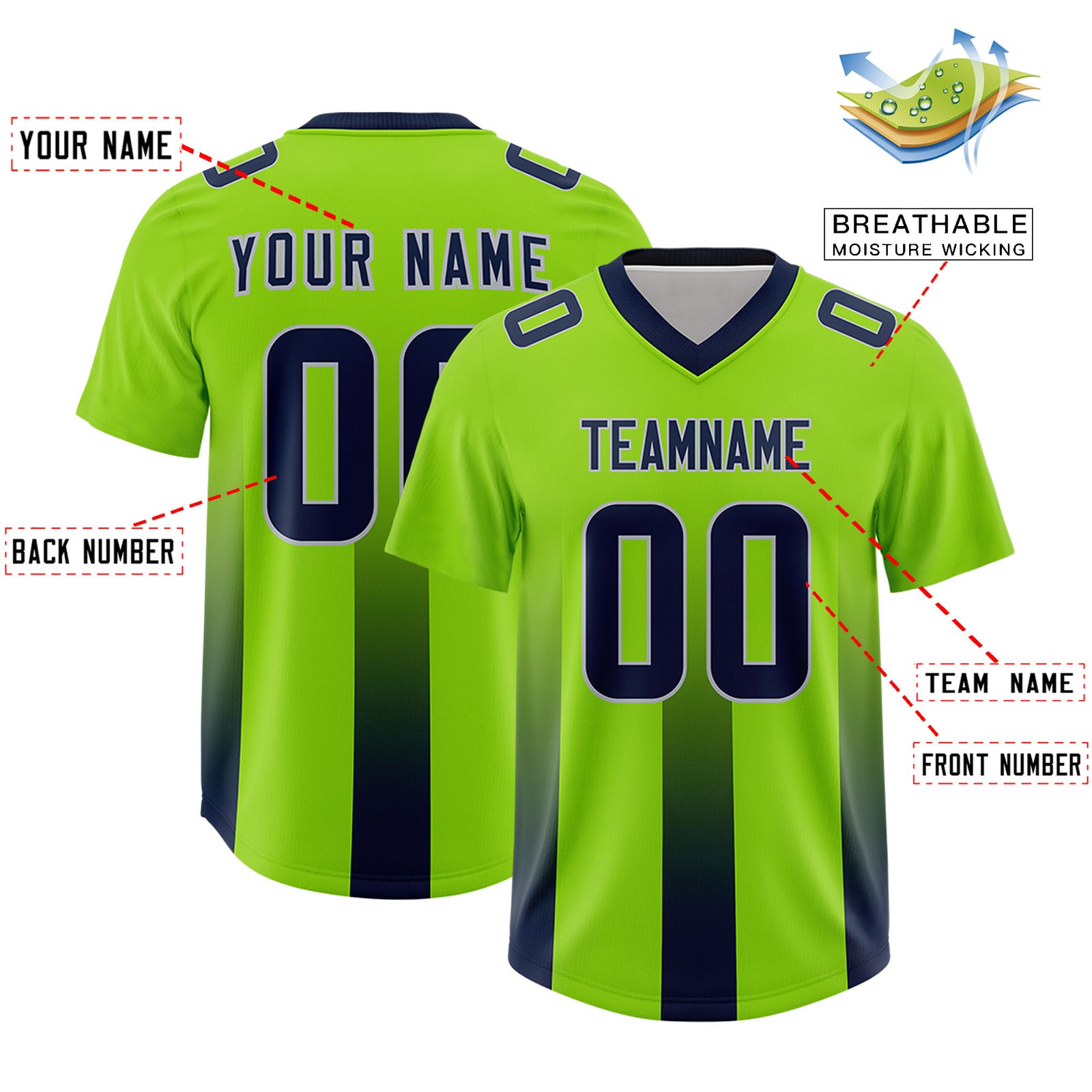 Custom Neon Green Navy Vertical Width Stripe Gradient Fashion Personalized Team Football Jersey