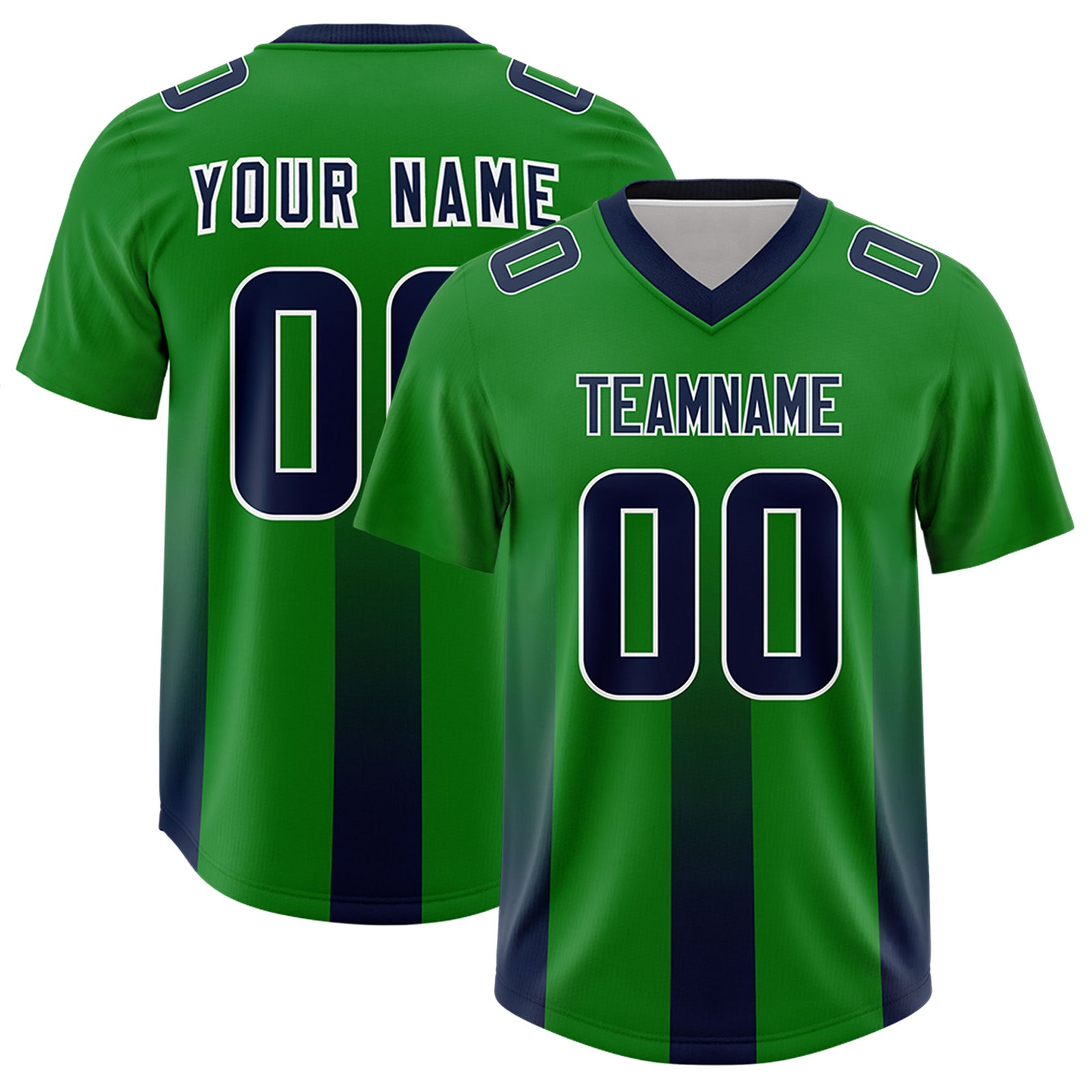 Custom Kelly Green Navy Vertical Width Stripe Gradient Fashion Personalized Team Football Jersey