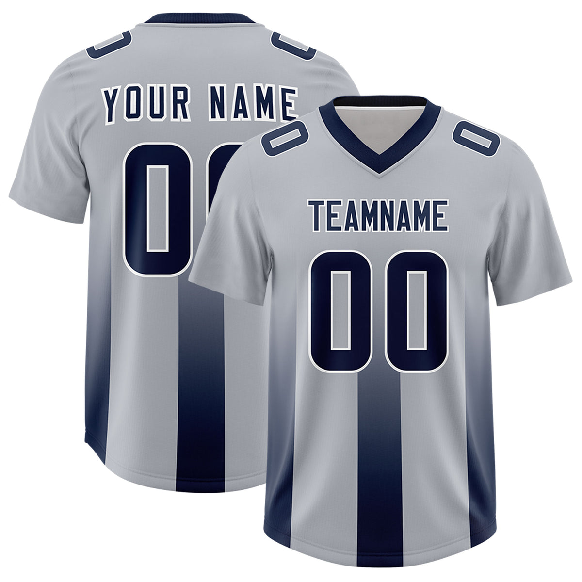 Custom Gray Navy Vertical Width Stripe Gradient Fashion Personalized Team Football Jersey