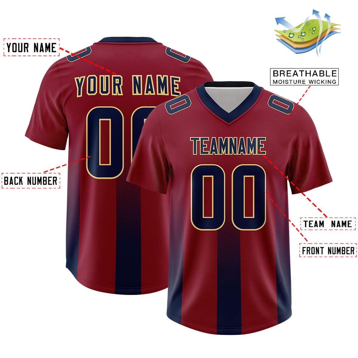 Custom Cardinal Navy Vertical Width Stripe Gradient Fashion Personalized Team Football Jersey