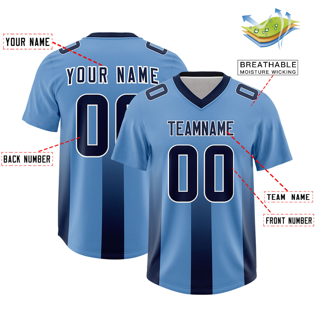 Custom Powder Blue Navy Vertical Width Stripe Gradient Fashion Personalized Team Football Jersey
