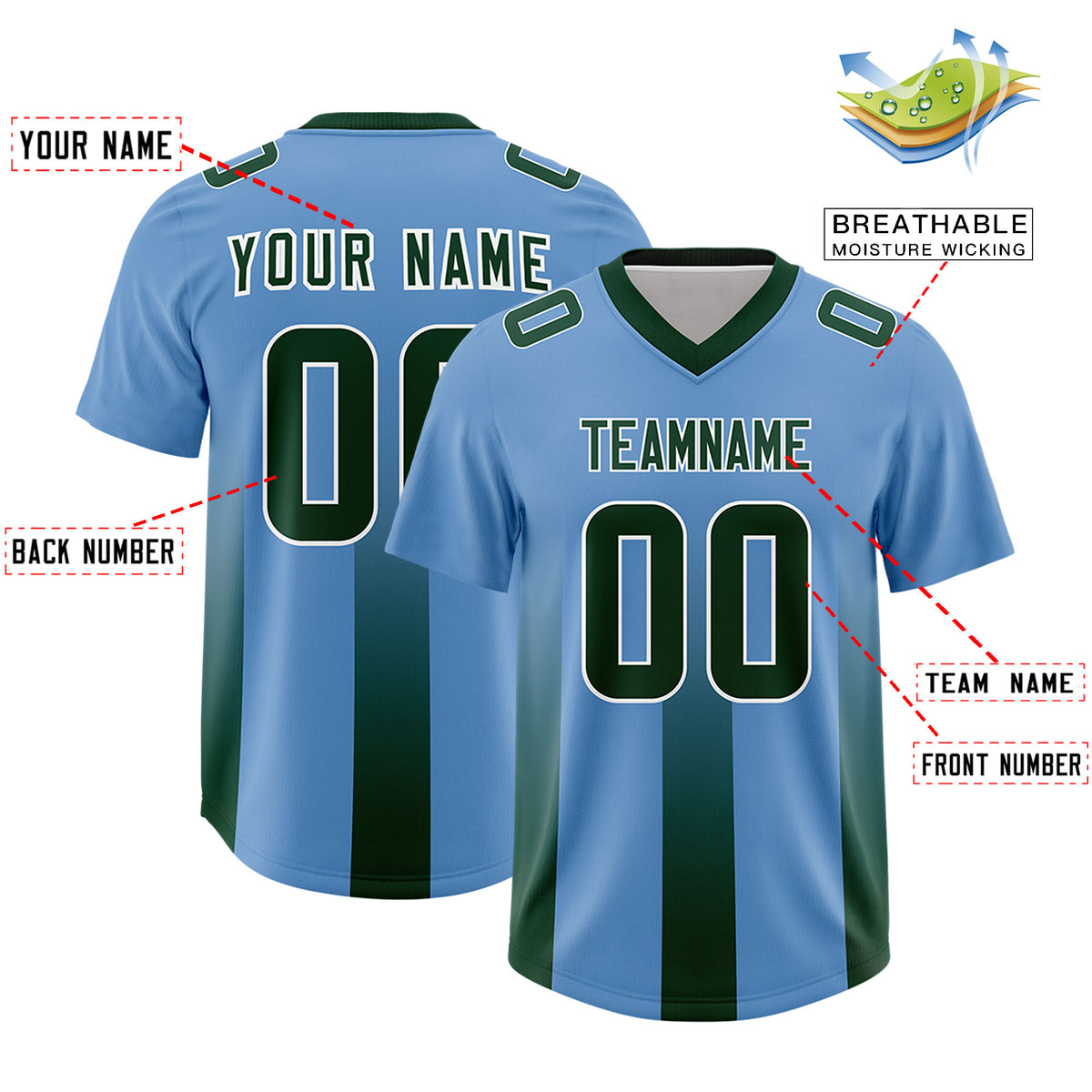 Custom Powder Blue Green Vertical Width Stripe Gradient Fashion Personalized Team Football Jersey