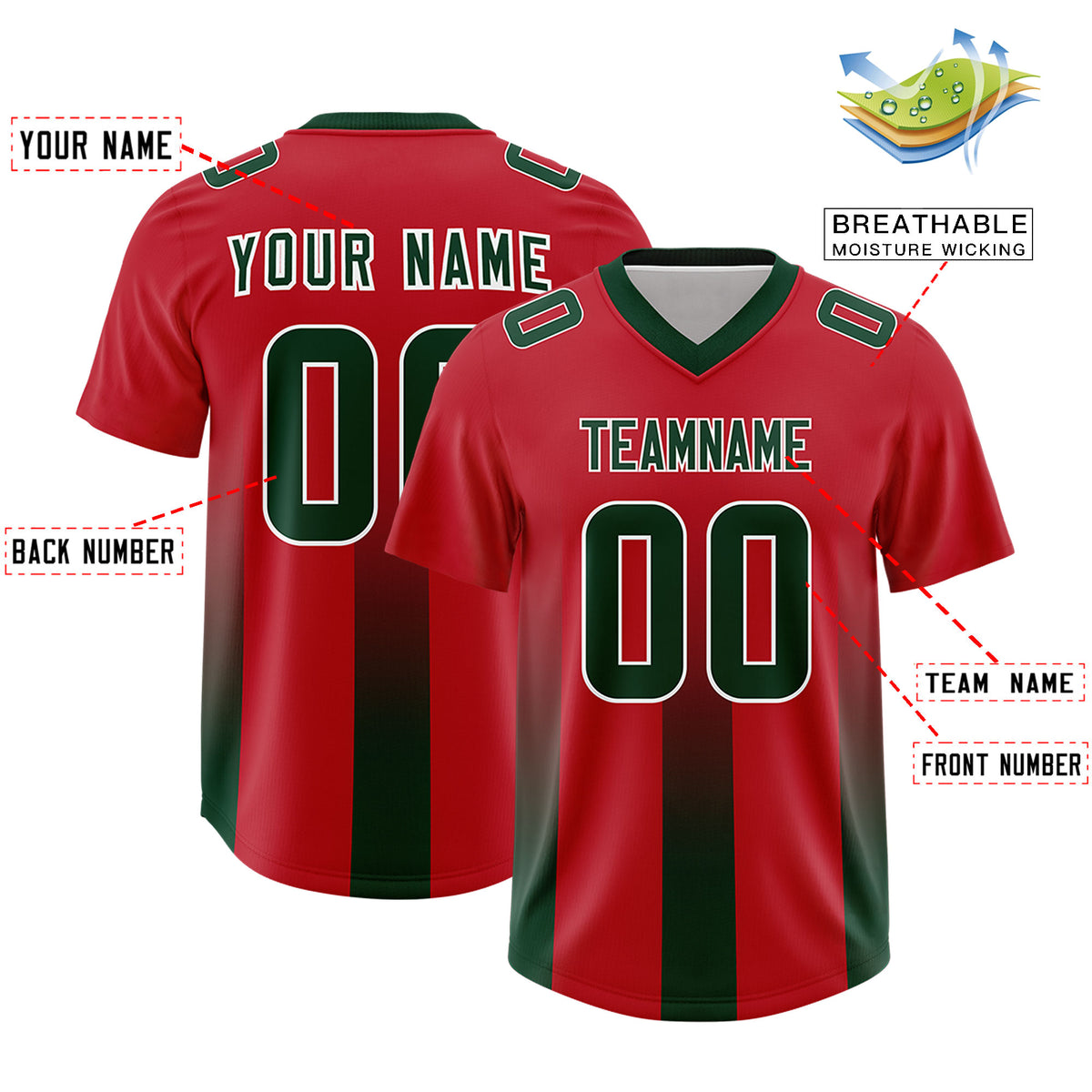 Custom Red Green Vertical Width Stripe Gradient Fashion Personalized Team Football Jersey