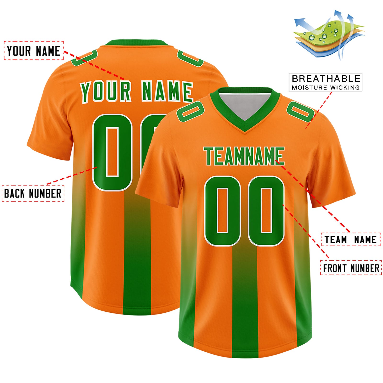Custom Orange Kelly Green Vertical Width Stripe Gradient Fashion Personalized Team Football Jersey
