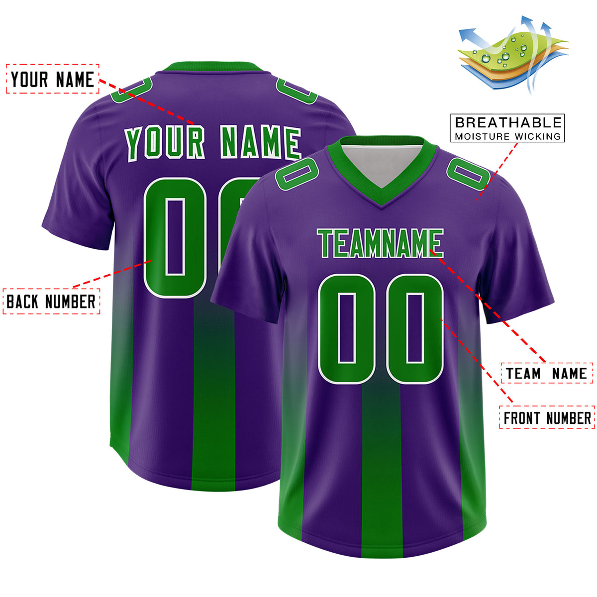 Custom Purple Kelly Green Vertical Width Stripe Gradient Fashion Personalized Team Football Jersey