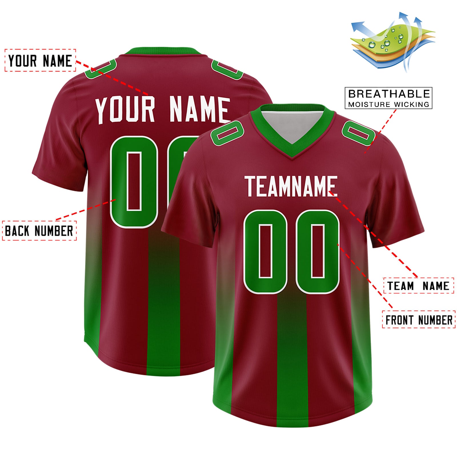 Custom Cardinal Kelly Green Vertical Width Stripe Gradient Fashion Personalized Team Football Jersey